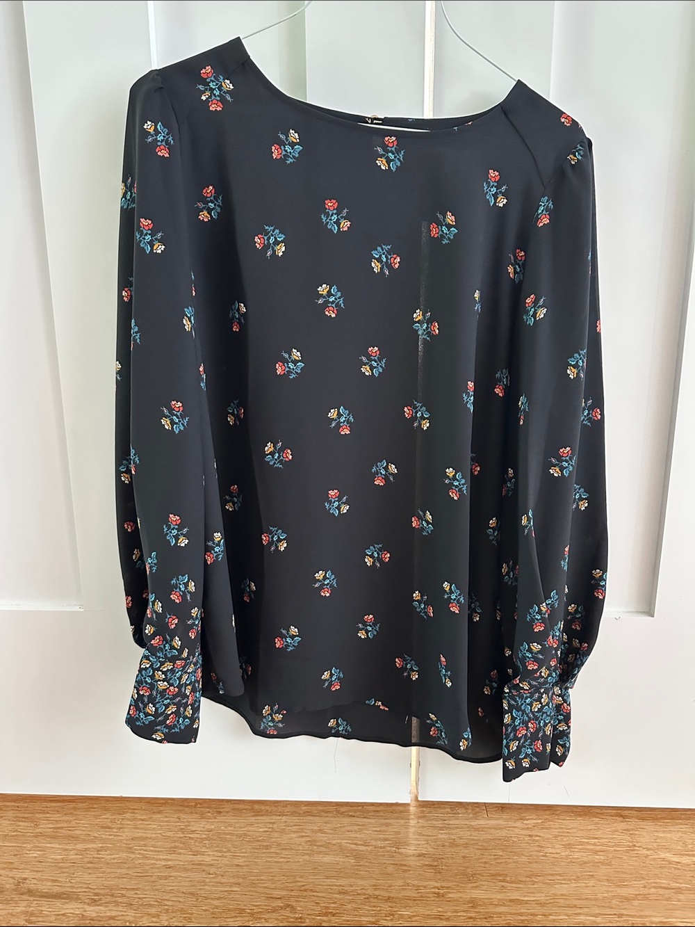 LOFT Black Floral Long-Sleeve Blouse